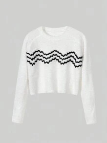 SHEIN Unity Chevron Pattern Raglan Sleeve Crop Sweater - White - View 1