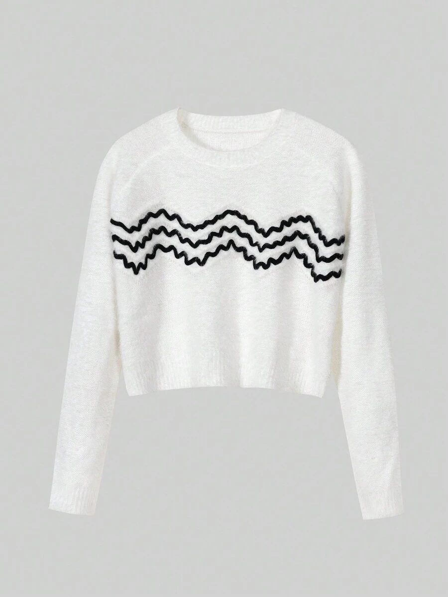 SHEIN Unity Chevron Pattern Raglan Sleeve Crop Sweater - White - View 1