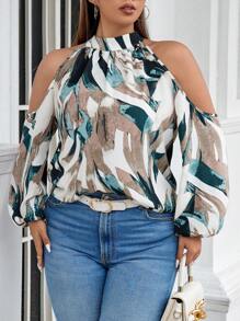 Easura Plus Allover Print Cold Shoulder Lantern Sleeve Blouse Fall Cloth For Women - Multicolor - View 5