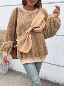 Chiquease Áo nỉ kiểu Teddy tay rớt vai với nơ lớn phía trước, kiểu áo nỉ chui đầu mùa thu. - Màu Khaki - Xem 5