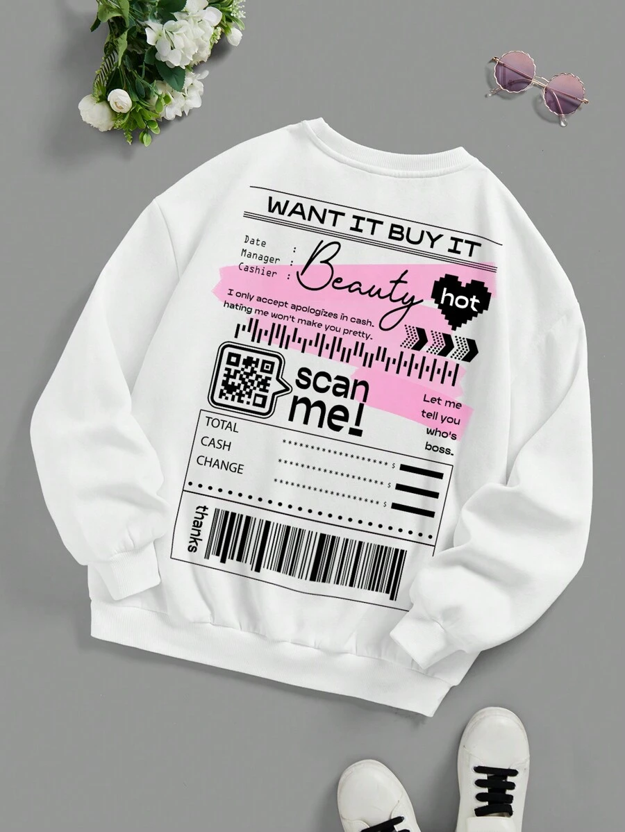 Tween Girls Loose Casual Slogan Print Crew Neck Sweatshirt, Autumn/Winter - White - View 1