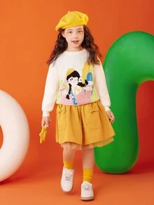 Tween Girl Figure Graphic Drop Shoulder Sweatshirt - Beige - View 3