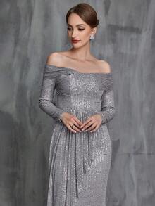 Off Shoulder Kim sa Mẹ của chiếc váy cô dâu - Xám - Xem 3