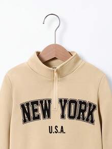 SHEIN Young Boy Letter Graphic Half Zip Sweatshirt - Khaki - View 4