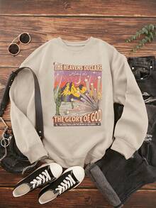 SHEIN EZwear Hơn Đồ họa núi & chữ Thả vai Áo nỉ - Màu be - Xem 5