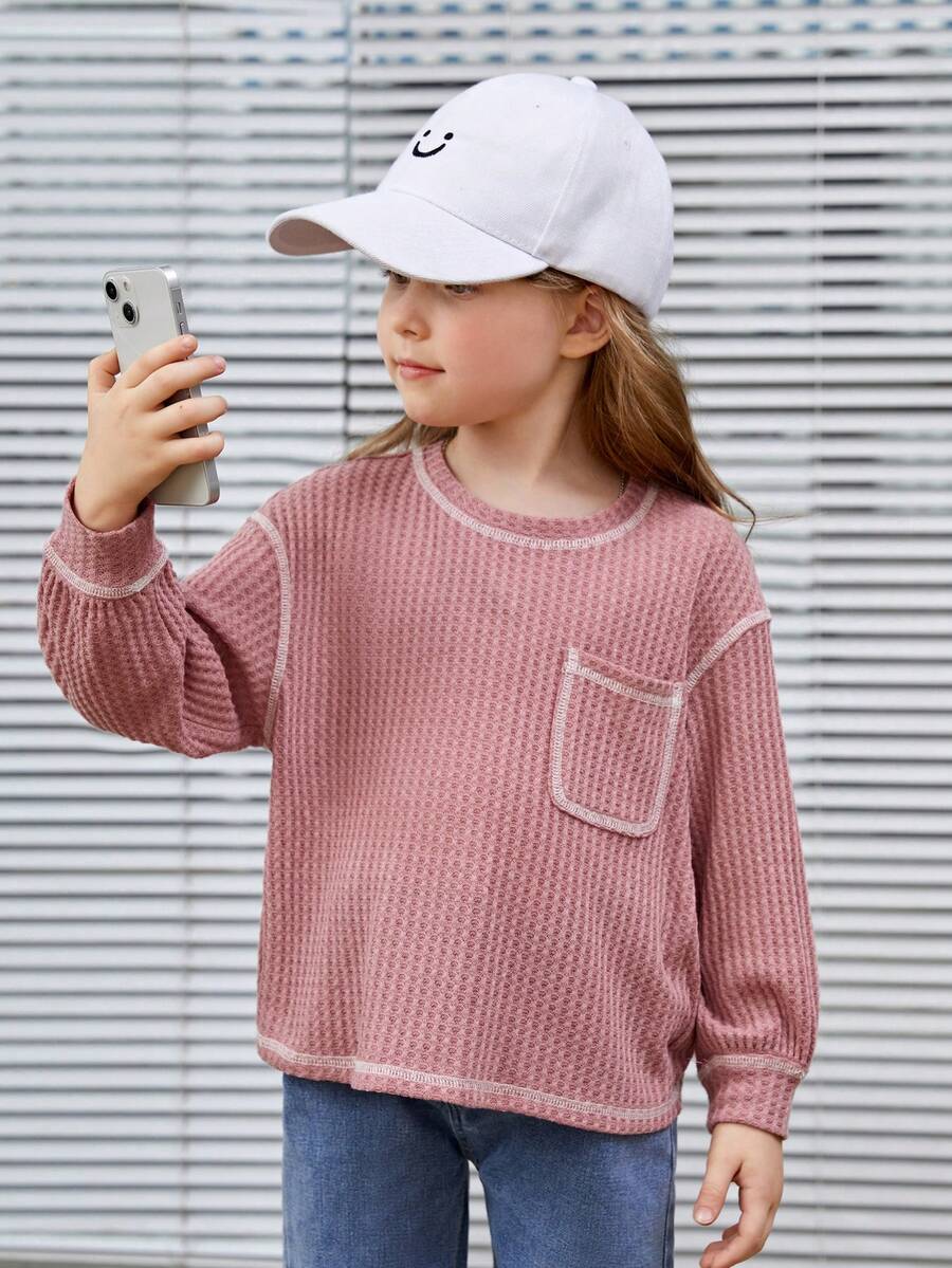 女小童頂針落肩袖口袋貼布T恤 - 藕粉色 - 查看 1