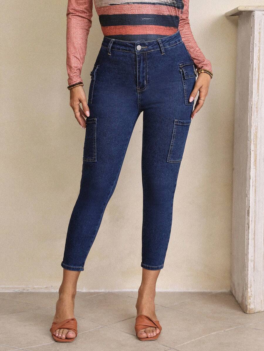 SHEIN PETITE Túi vá Bên Quần jean ôm - Rửa tối - Xem 1