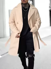 Manfinity Homme Men's Woolen Jacket With Lapel Collar And Belt Design - Beige - View 1