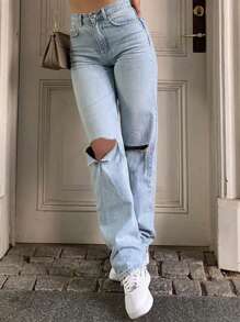 Ripped Straight Leg Jeans - Light Wash - View 3
