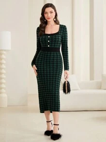 Modelyn Của phụ nữ In Houndstooth Đầm Áo len Với Hình vuông Đường viền cổ áo - màu xanh lá - Xem 3