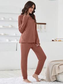 插肩袖華夫格編織休閒服套裝 - 紅木色 - 查看 4