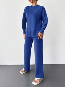 SHEIN Cottnline Women's Solid Color Round Neck Drop Shoulder Sweater And Straight Leg Pants Set - Royal Blue - View 4