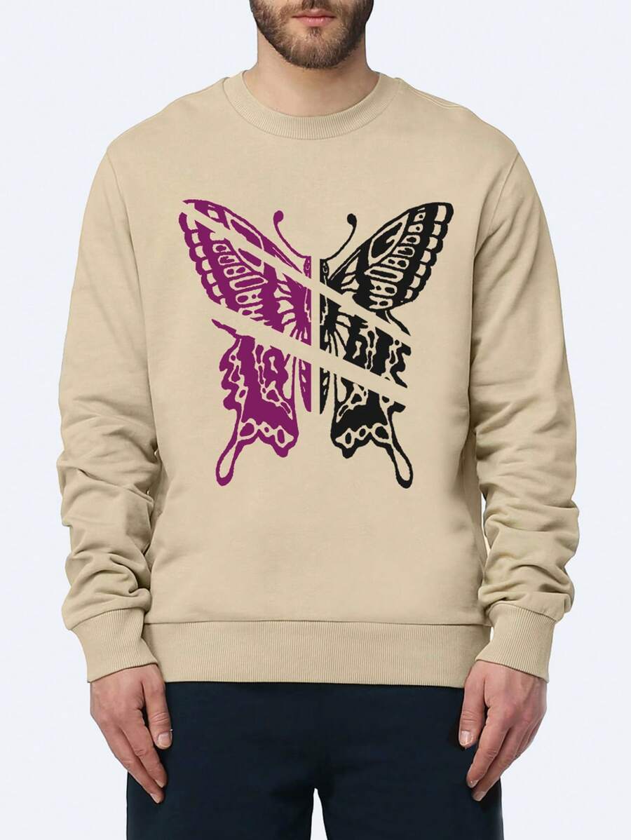 Men Butterfly Print Sweatshirt - Khaki - View 1