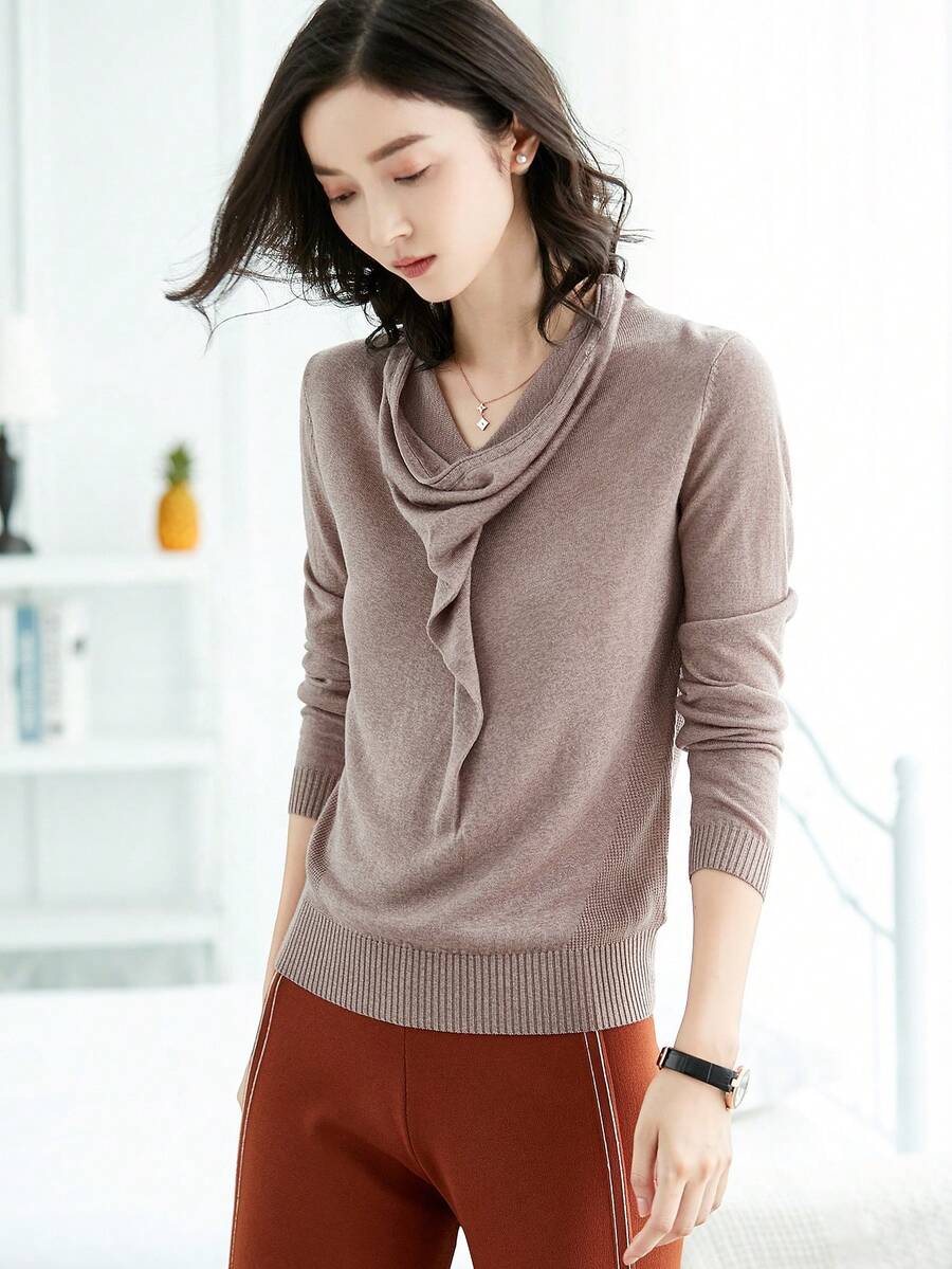Solid Draped Collar Sweater - Dusty Purple - View 1