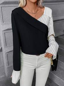 SHEIN Privé 條紋印花不對稱領落肩袖襯衫 - 黑色 - 查看 4