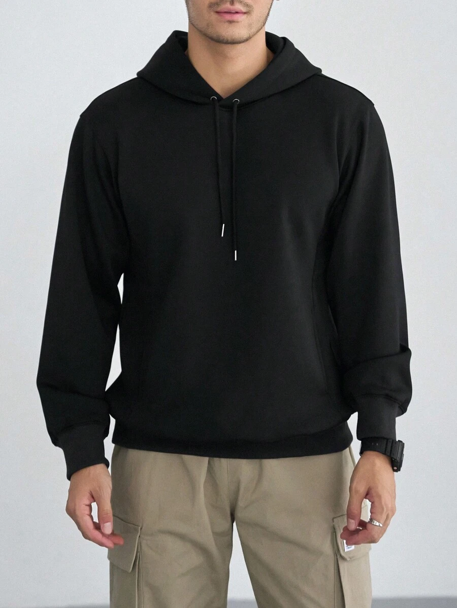 DAZY 男士純色束口連帽衛衣 - 黑色 - 查看 1