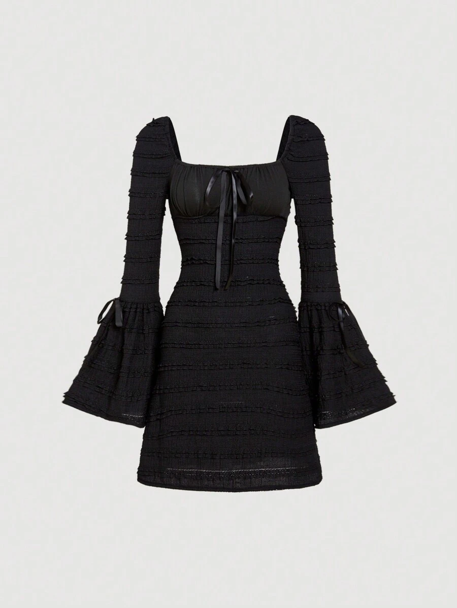 SHEIN Unity Tie Front Flounce Sleeve Dress - Black - View 1