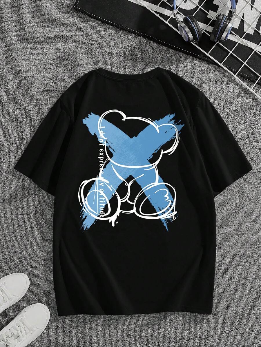 Manfinity Dauomo Men's Printed Crew Neck Short Sleeve T-shirt With Text And Cartoon Patterns - Black - View 1