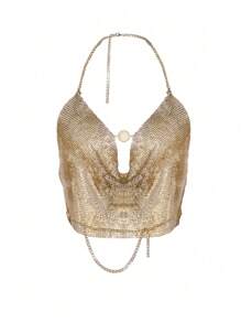Zolique Top halter crop con diseño de diamante de imitación con fruncido delantero de espalda abierta - Dorado - Ver 7