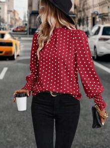 SHEIN Clasi 波點圖案燈籠襯衫褶邊襯衫 - 紅色 - 查看 1