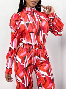 VaVaBold Geo Print Mock Neck Puff Sleeve Blouse