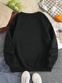 SHEIN EZwear 大尺碼女款標語印花毛絨衛衣 - 黑色 - 查看 2