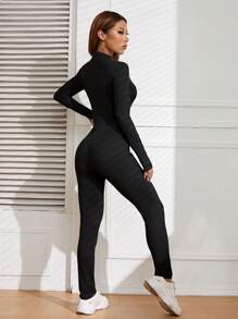 INAWLY Cut Out Front Mock Neck Unitard Jumpsuit - Black - View 2