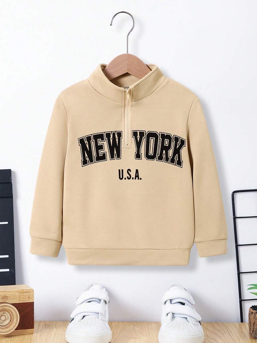 SHEIN Young Boy Letter Graphic Half Zip Sweatshirt - Khaki - View 1