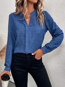 EMERY ROSE Solid Notched Neckline Blouse - Blue - View 5