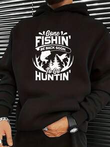 男士字母圖案袋鼠口袋抽繩連帽衫 - 黑色 - 查看 1