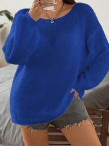 Flirla 大碼落肩袖條紋針織套頭毛衣 - 藍色 - 查看 3