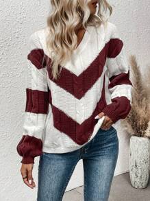 SHEIN LUNE Chevron Pattern Drop Shoulder Cable Knit Sweater - White - View 4