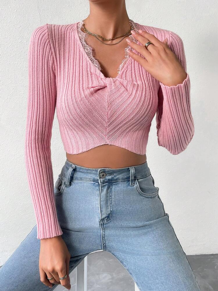 Eyelash Lace Trim Twist Front Crop Knit Pullover Fall Winter Sweater