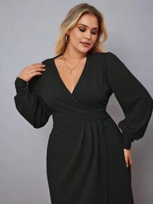 RueChic Plus Solid Wrap Hem Dress - Black - View 5