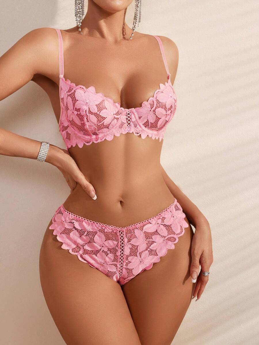 花卉蕾絲鋼圈內衣套裝 - 粉色 - 查看 1