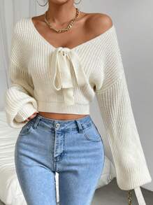SHEIN Frenchy Tie Front Drop Shoulder Crop Sweater - Apricot - View 1