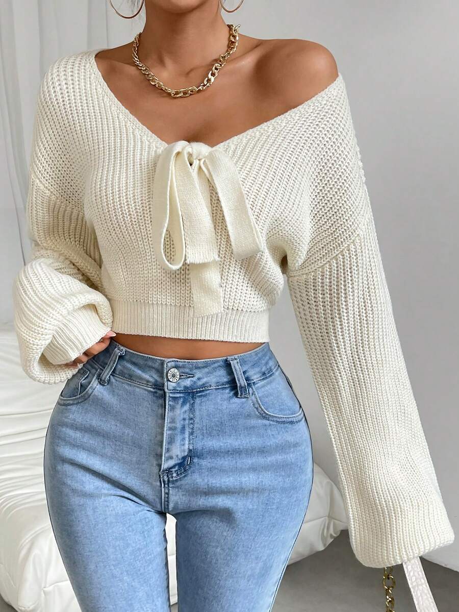 SHEIN Frenchy Tie Front Drop Shoulder Crop Sweater - Apricot - View 1