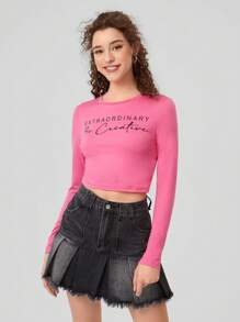 Forever 21 Women's Letter Printed Cropped Long Sleeve T-shirt - Watermelon Pink - View 3