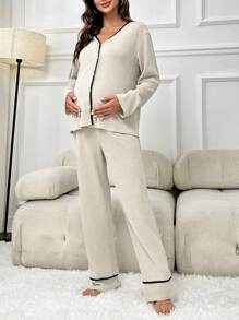 SHEIN Maternity Contrast Binding Lounge Set - Beige - View 5