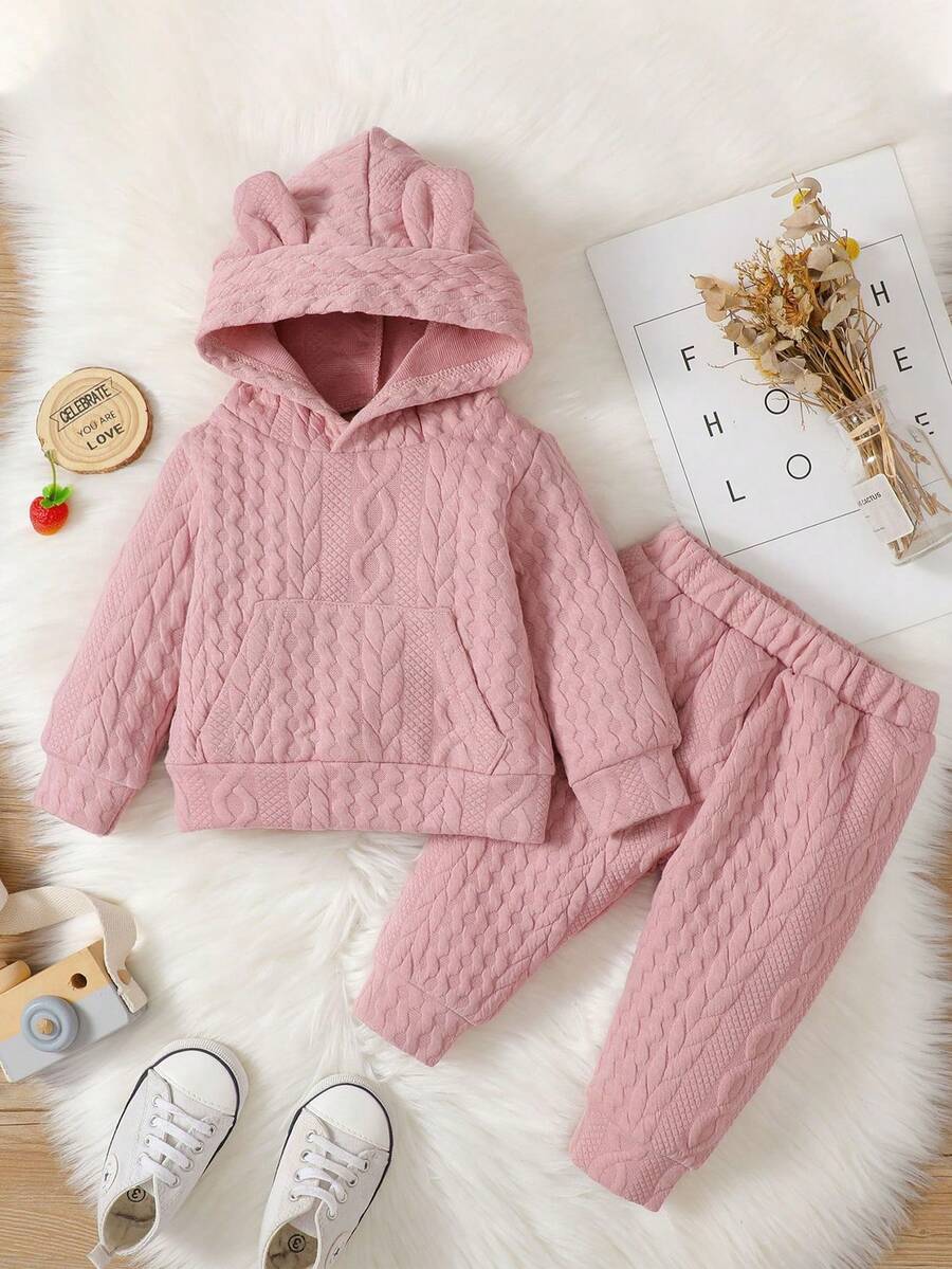 Baby Girl 3D Ear Design Hoodie & Sweatpants - Baby Pink - View 1