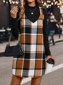 SHEIN LUNE Plaid Print Overall Dress & Tee Fall Cloth For Women - Multicolor - View 3