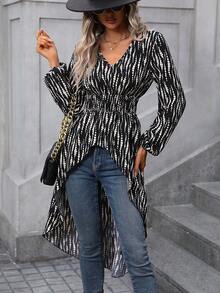 SHEIN LUNE Allover Print High Low Hem Blouse - Black - View 3