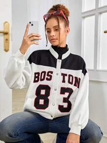 SHEIN 青少年女孩1入組字母圖案雙色落肩袖飛行員夾克 - 黑與白 - 查看 5
