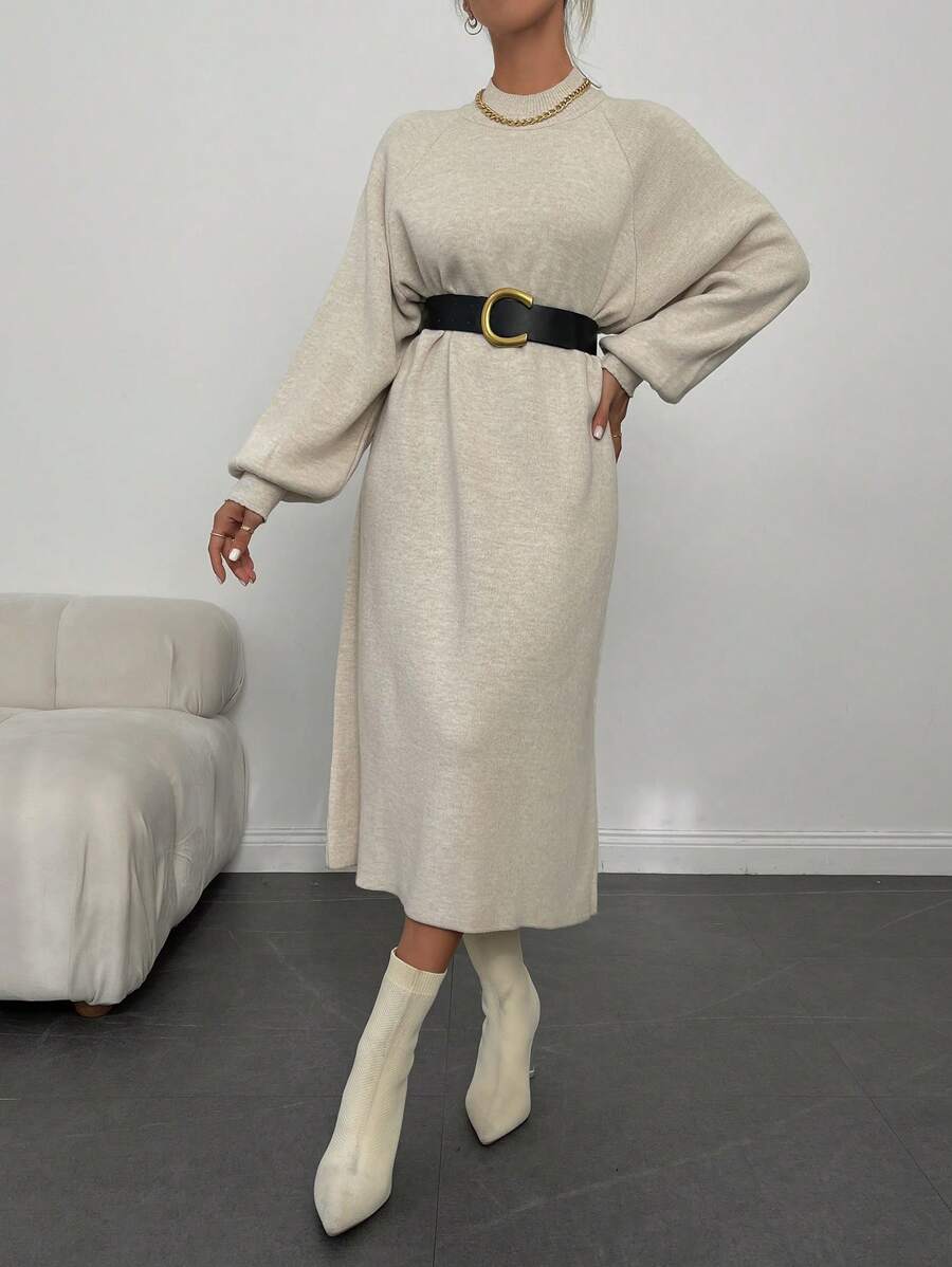 EURMUSE Raglan Sleeve Sweater Dress Without Belt - Beige - View 1