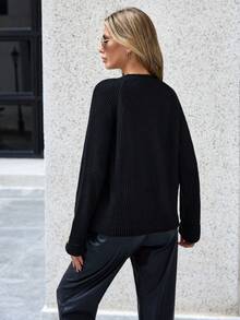 EURMUSE Chất rắn Tay Raglan Đồ đan Ribbed Áo len - màu đen - Xem 2