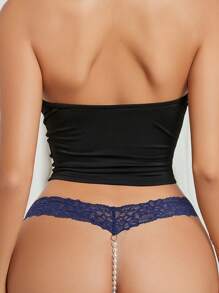 拼接蕾絲珍珠丁字褲 - 藏蓝色 - 查看 7