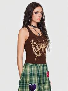 ROMWE Butterfly Print Tank Top - Brown - View 4