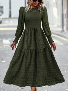 BTFBM Solid Lantern Sleeve Ruffle Hem Dress - Army Green - View 1