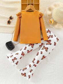 SHEIN 女小童荷葉邊T恤&蝴蝶圖案喇叭褲 - 彩色 - 查看 2