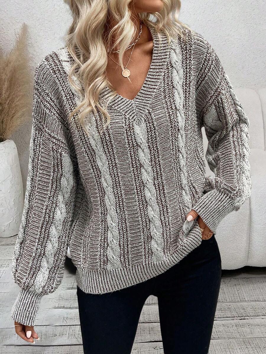 SHEIN LUNE Xoắn Dan Thả vai Áo len - Cà phê nâu - Xem 1